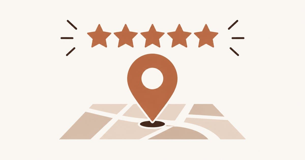 Ilustración de 5 estrellas y un pin de ubicación, representando reseñas y presencia en Google